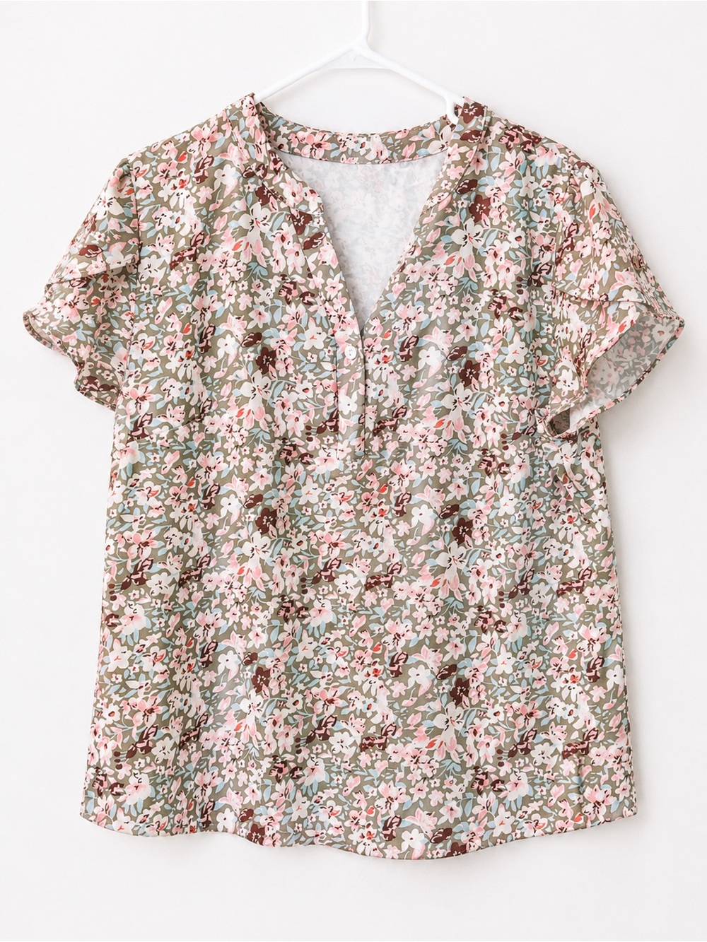 Lucky & Blessed Floral Split-Neck Blouse in Pink, Green & Brown